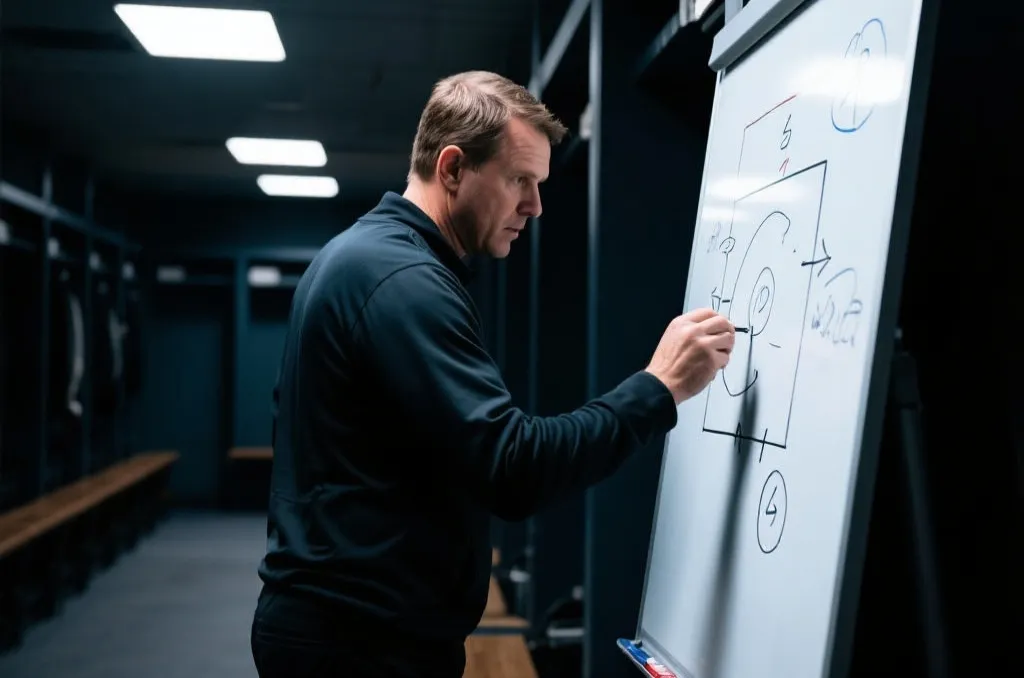 A football coach intensely drawing tactics on a whiteboard, dramatic locker room lighting