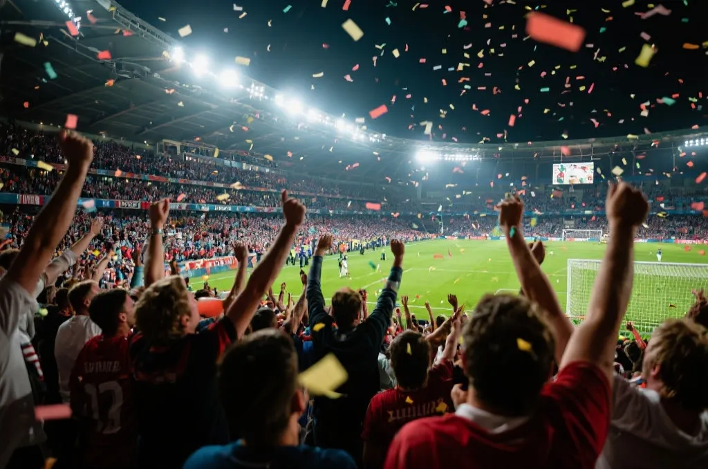 球迷在体育场内热烈欢呼，享受纯粹的足球激情