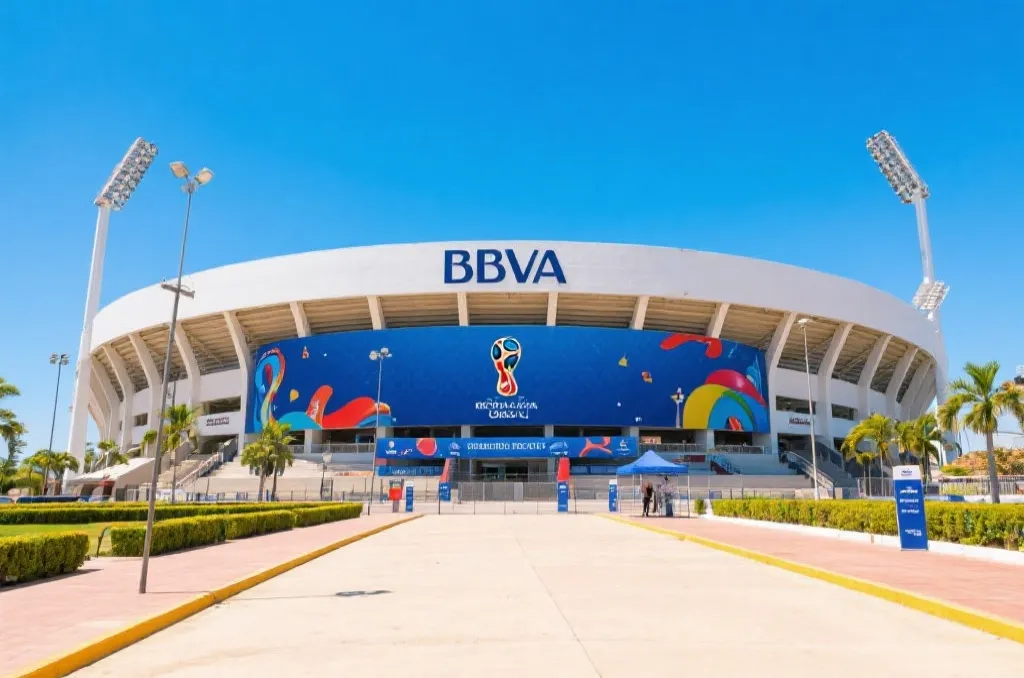 蒙特雷BBVA体育场外景，阳光明媚，静待世界杯大战爆发
